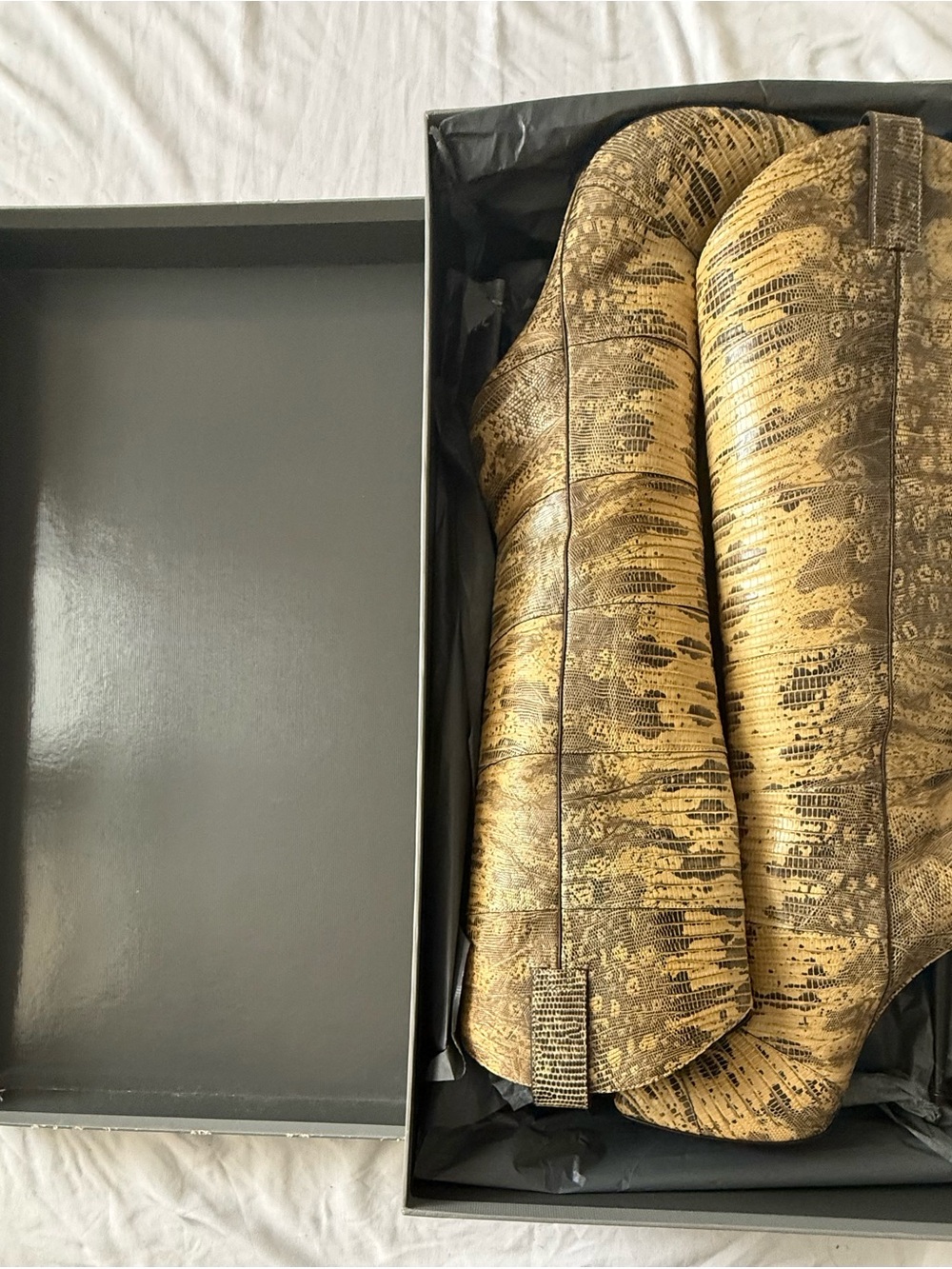 Gold Snakeskin-Print Knee Boots